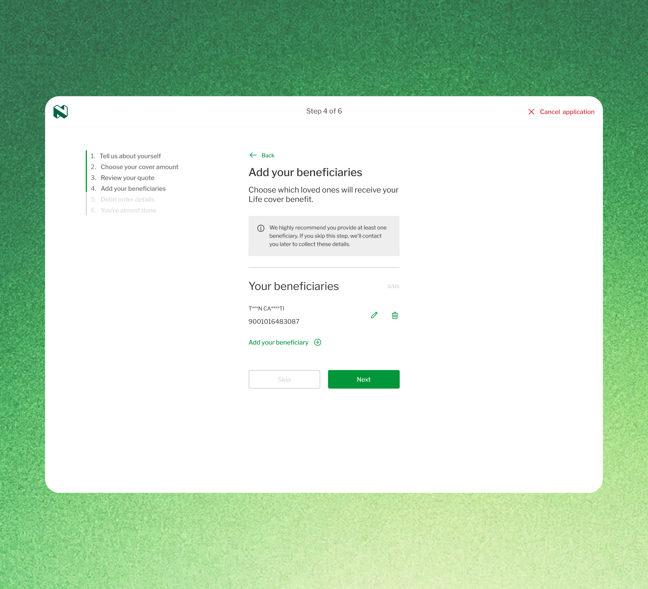 The desktop beneficiaries step, listing a named beneficiary with options to edit, add another, skip or continue.