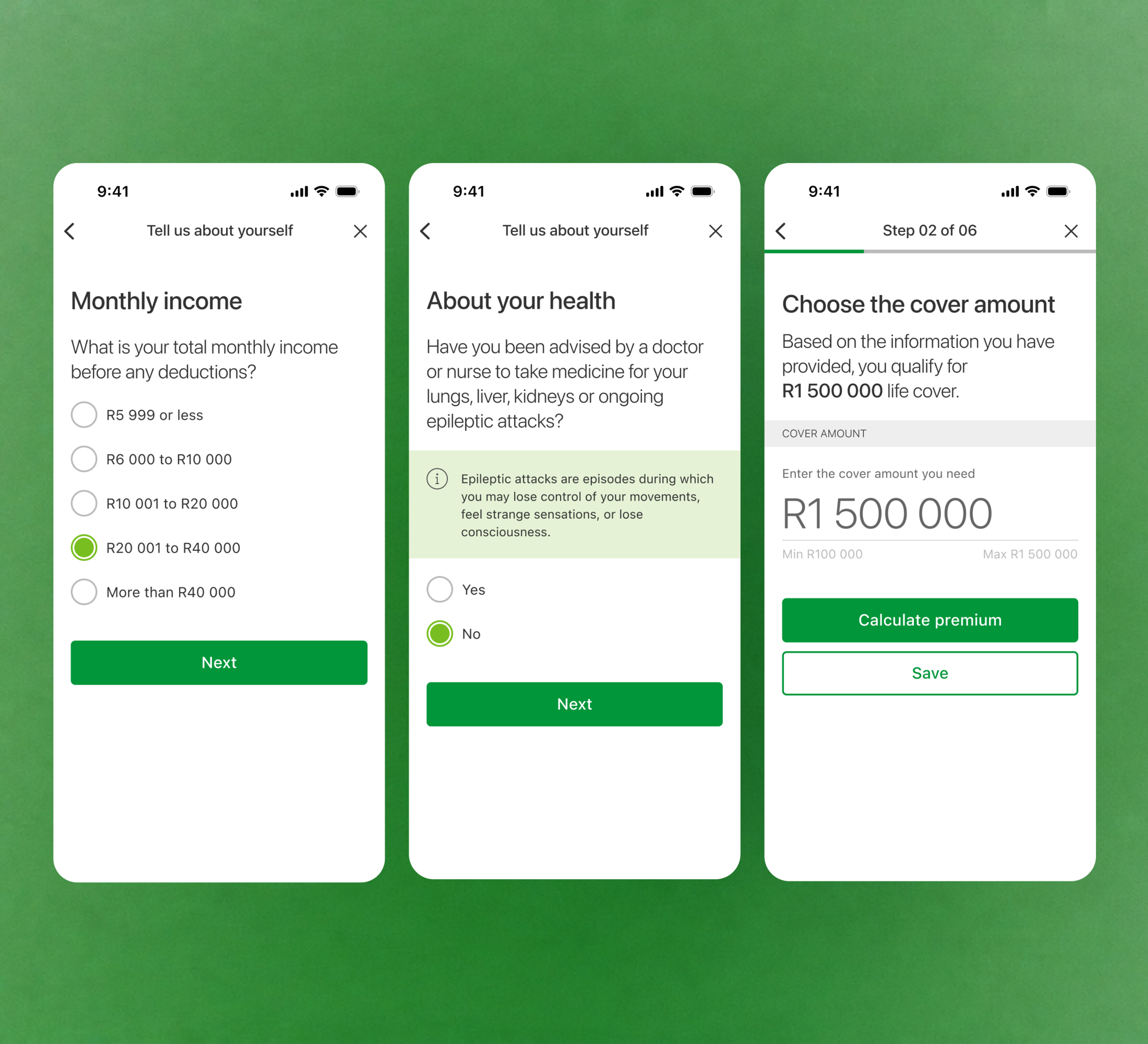 Three phone screens asking for monthly income and health history, then showing the cover amount the applicant qualifies for.