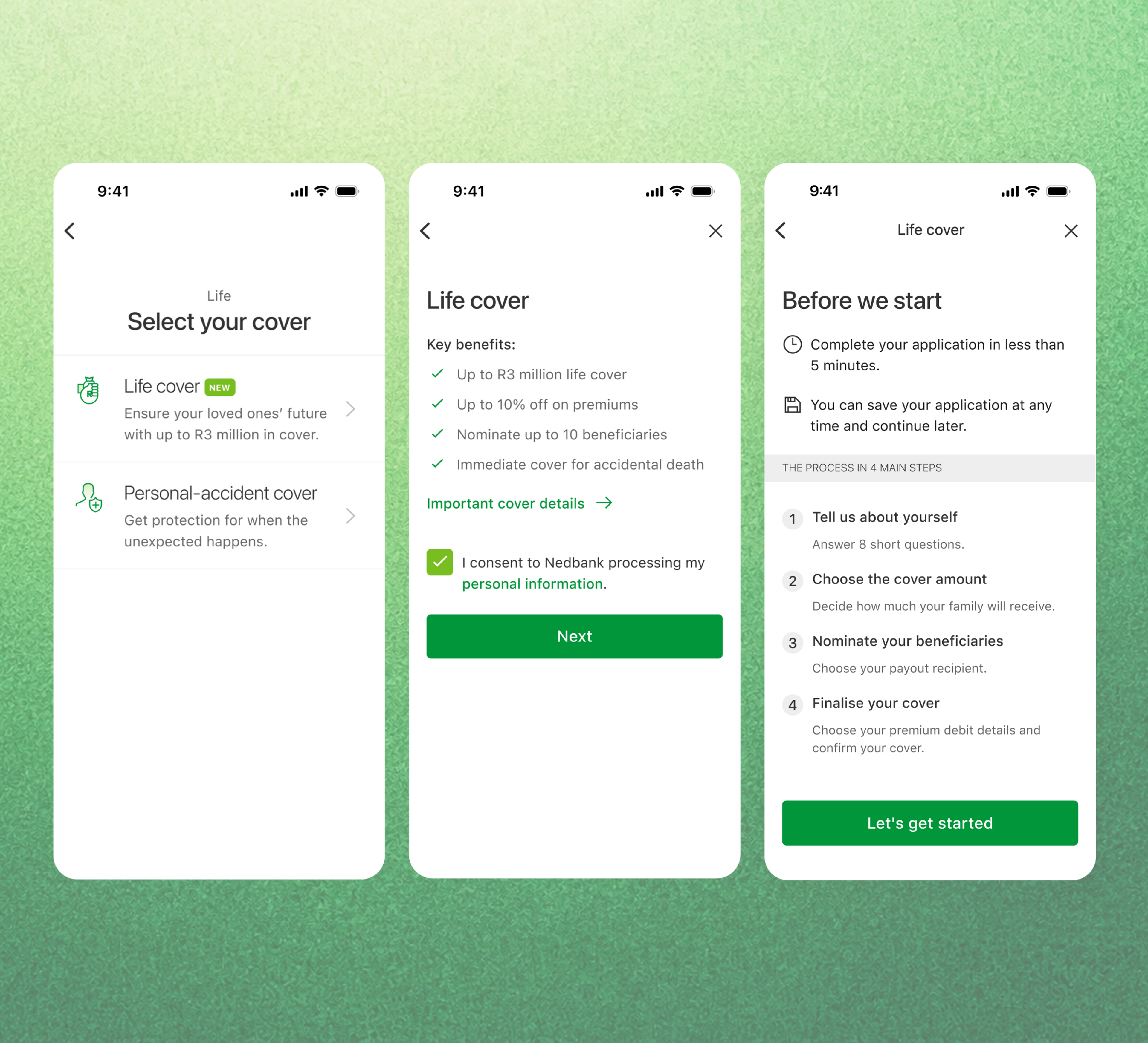 Three phone screens covering cover selection, the life cover benefits list and the four step introduction before applying.