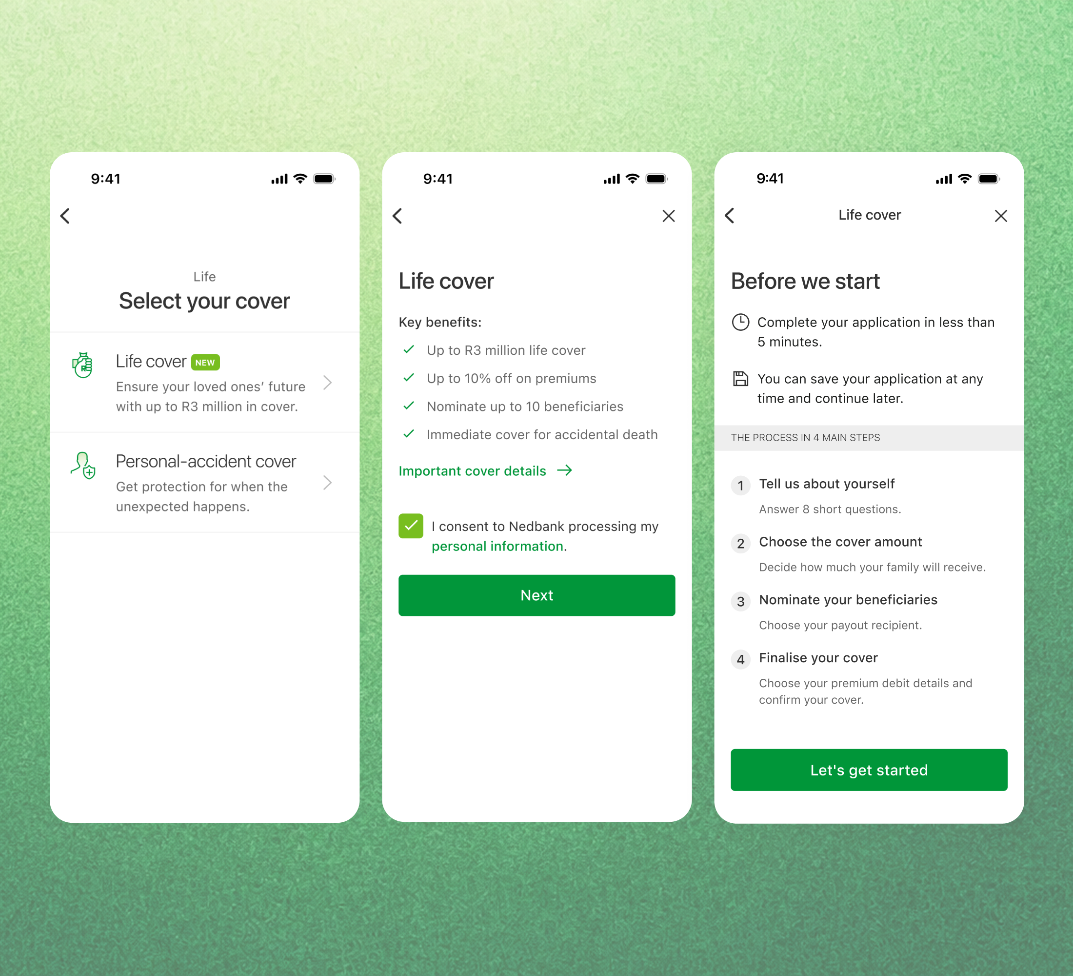 Three phone screens covering cover selection, the life cover benefits list and the four step introduction before applying.