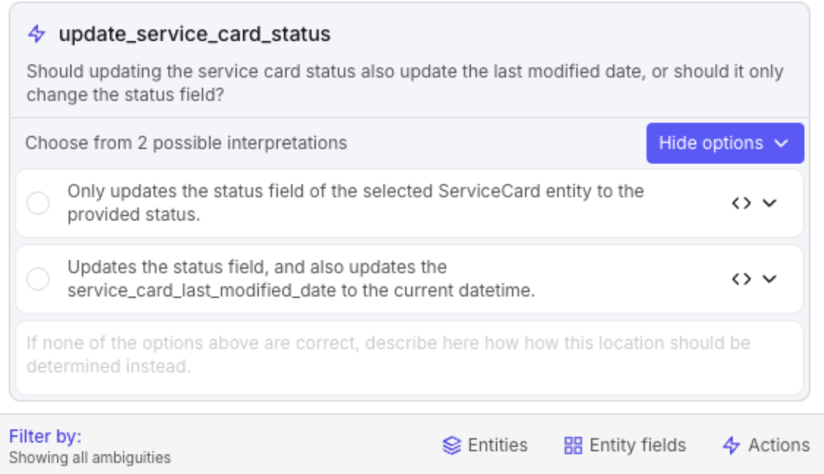Ambiguity resolution panel showing two distinct interpretations for the user to choose between