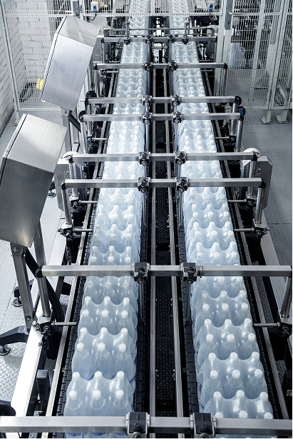 An aerial overview of a bottling production line