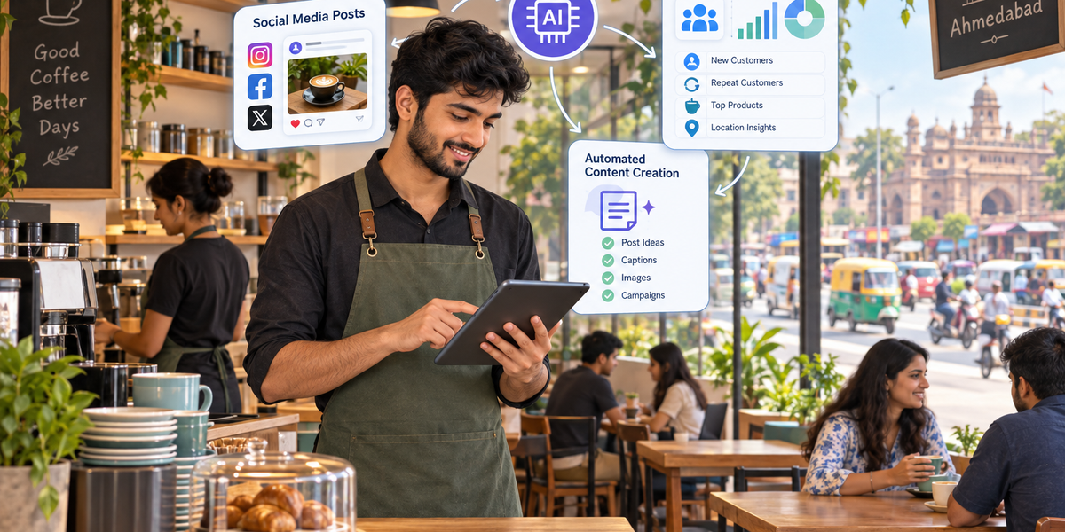 Cafe owner using tablet with AI marketing icons in a modern Ahmedabad cafe interior
