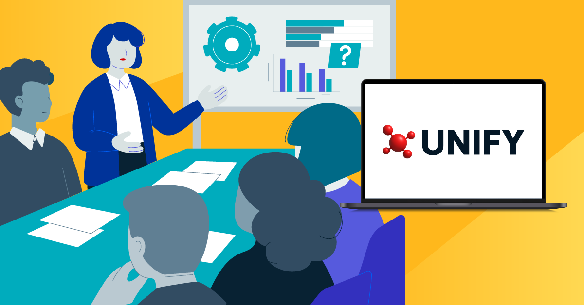 Image of a women giving a presentation of graphics at a meeting with a laptop screen with the UNIFY logo