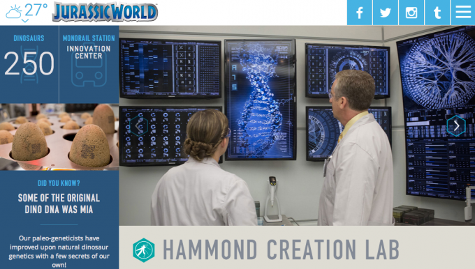 Screenshot from the Jurassic World website of the Hammond Creation Lab with scientists studying a crystalline blue depiction of backward DNA.