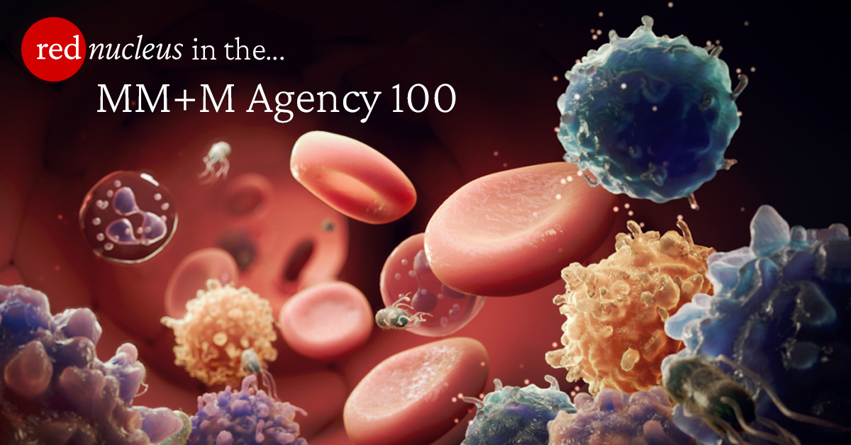 A 3D render of red and white blood cells in a vessel and text announcing " Red Nucleus in the MM+M  Agency 100" 