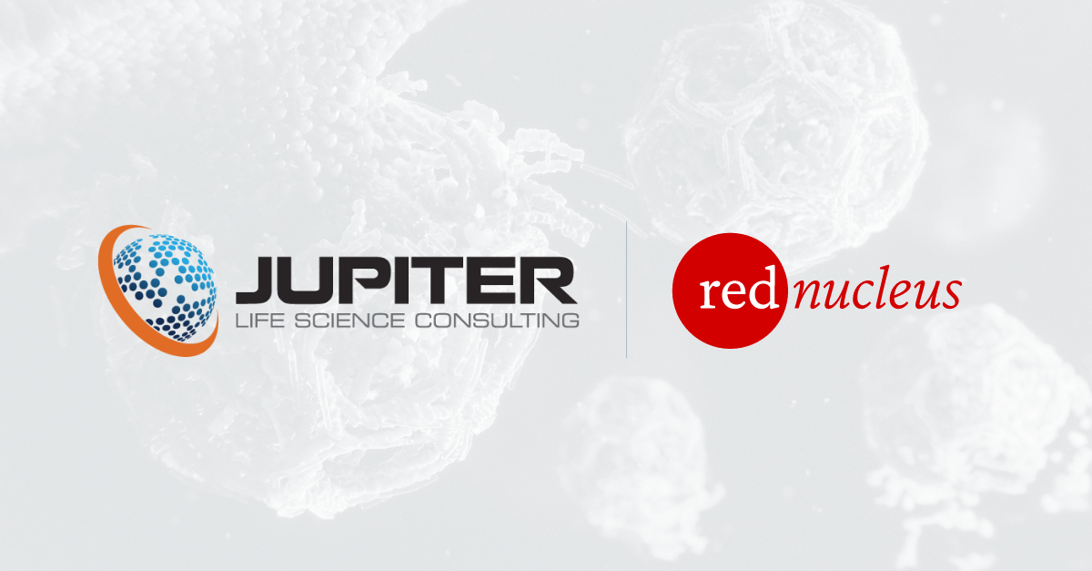 Red Nucleus and Jupiter logos over a faint 3D image of vesicles. 