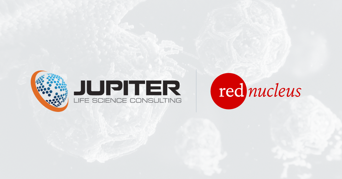 Red Nucleus and Jupiter logos over a faint 3D image of vesicles.