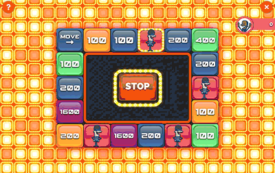 Animated gif of a lively online game, showing and orange and yellow moving background, a multiple choice question, answer checkmark, and points awarded.