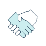 Two hands engaged in a handshake, enclosed in a circular border.