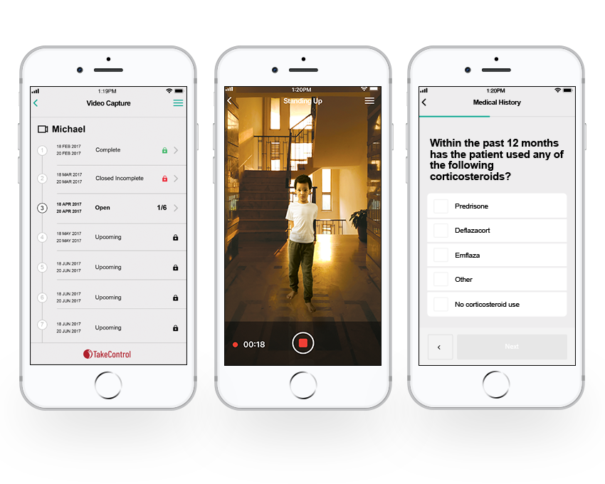 3 phone images showing the decentralized trial app interface and video of the iTakeControl platform.