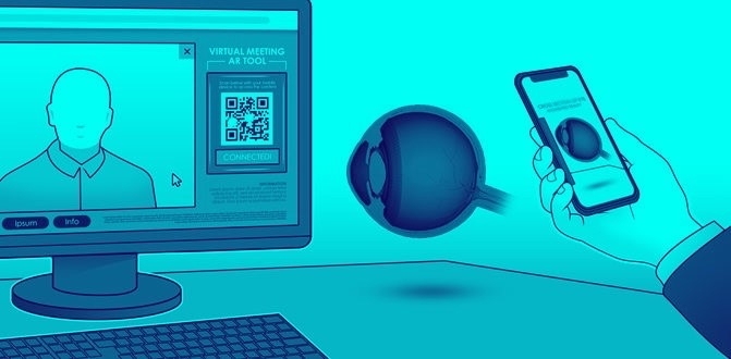 Duotone cyan illustration, person and QR code on a monitor, AR of an eyeball appears from the person's smartphone. 