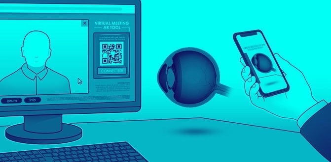 Duotone cyan illustration, person and QR code on a monitor, AR of an eyeball appears from the person's smartphone.