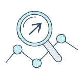 Logo featuring a magnifying glass over a line graph.