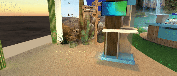 Gif of our VR conference booth experience, navigating through a virtual space with a number of screens, a desert themed wall, and tree in the center. 