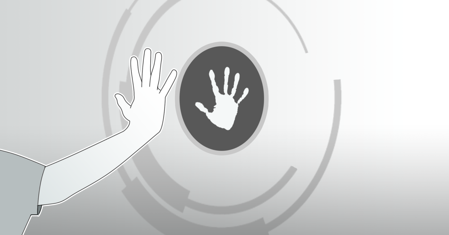 A drawing of a person's hand that has left an impression on an interactive wall display.