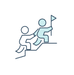 Two people climbing stairs, one holding a flag, in a simple line drawing style.