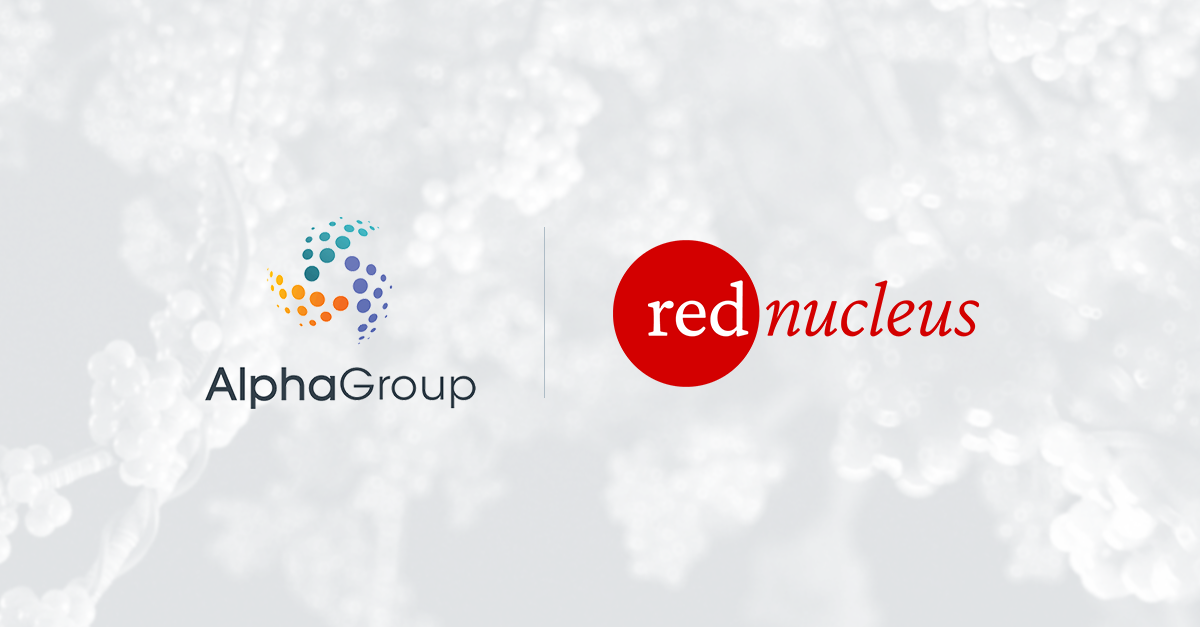 AlphaGroup logo and Red Nucleus Logo on a textured white and grey background. 