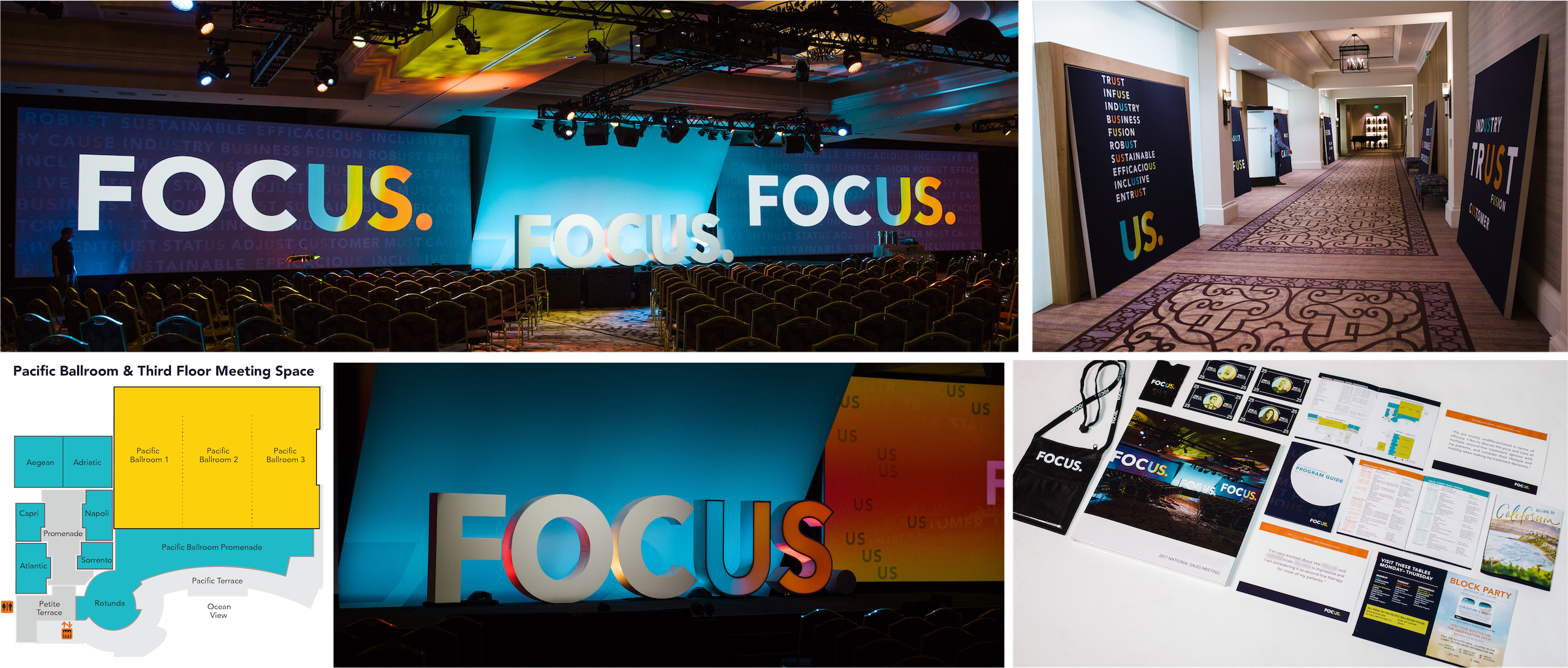 A collage of 4 images with "FOCUS branding. 1. Conference stage 2. A conference hallway with signage 3. print and swag 4. Website quiz