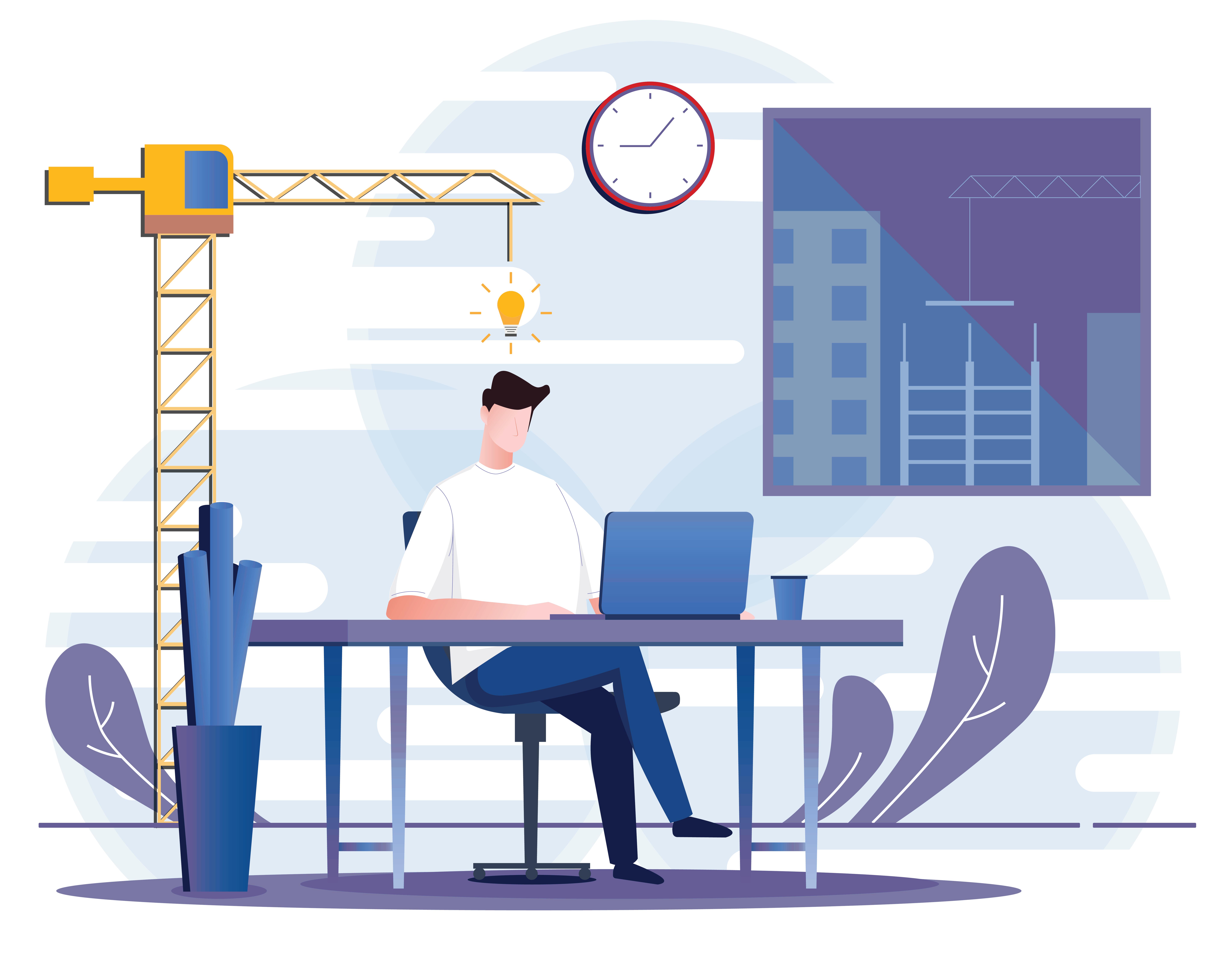 Vector drawing of an architect working, a crane holds up a lightbulb over his head. 