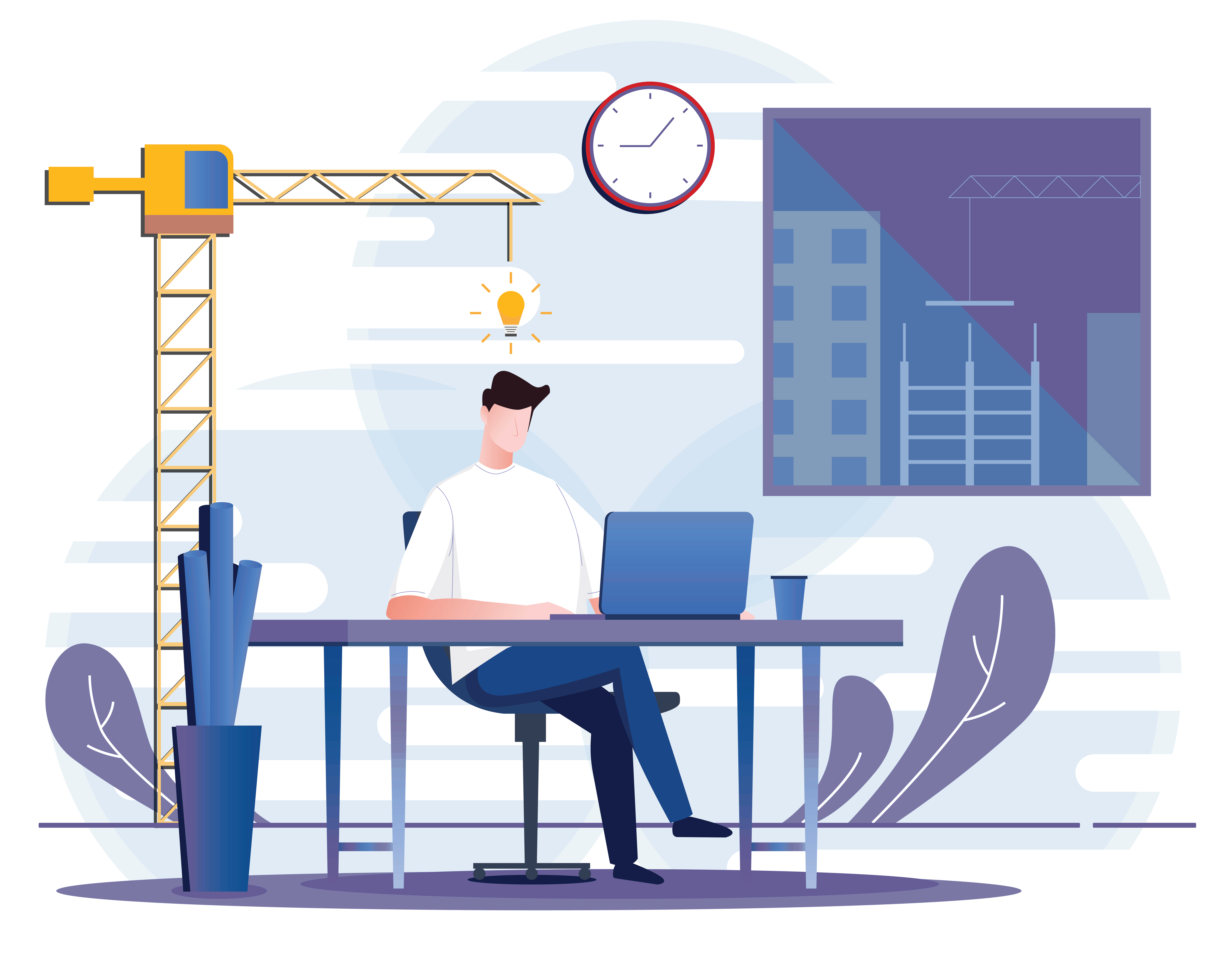 Vector drawing of an architect working, a crane holds up a lightbulb over his head.