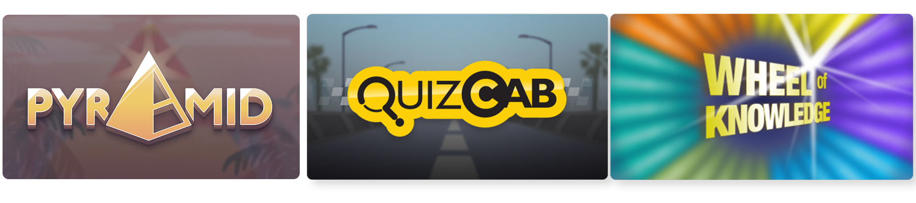 3 rcade games, The Pyramid Game, Quiz Cab, and Wheel of Knowledge