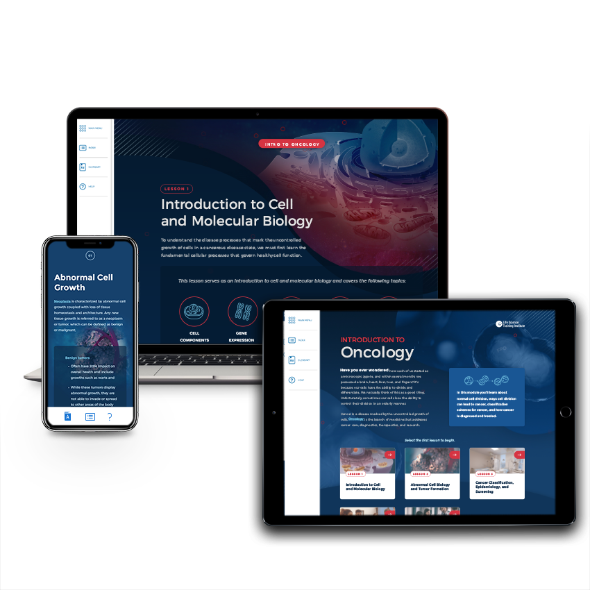 A laptop, tablet and phone showing the Introduction to Oncology course with bold graphics.