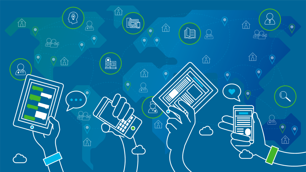 A blue image with cartoony representations of hands holding various tablets and phones, while a map of the world behind them is peppered with icons of people, books, healthcare facilities, HCPs, and map markers.