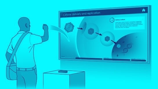 Duotone cyan illustration of a person gesturing over a sensor, triggering molecules on a screen animating based on their movement, while a block of text appears. 