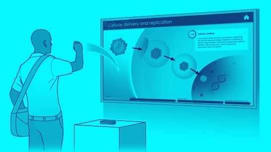 Duotone cyan illustration of a person gesturing over a sensor, triggering molecules on a screen animating based on their movement, while a block of text appears.