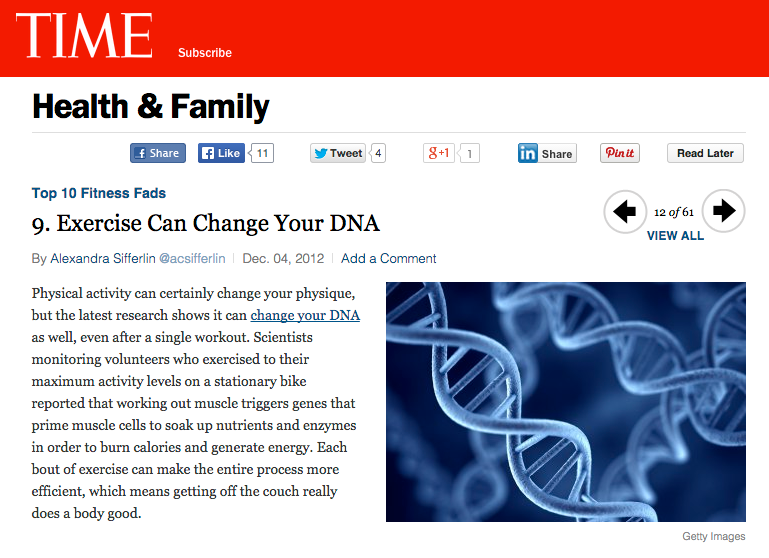 TIME Magazine article image with story titled " Exercise can change your DNA" and a pic of backward DNA in typical cg-blue.