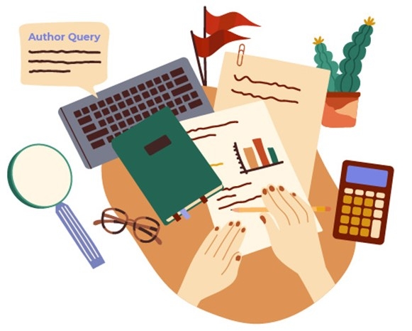 Graphic of hands at an editor's work desk