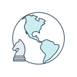 Logo featuring a stylized globe with a knight chess piece, representing strategic global reach.
