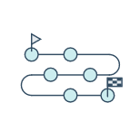 Icon of a flowchart with two horizontal paths, both starting from a circle on the left, one ending with a flag and the other with a checkered flag. Each path consists of interconnected nodes, and there are five nodes in total.