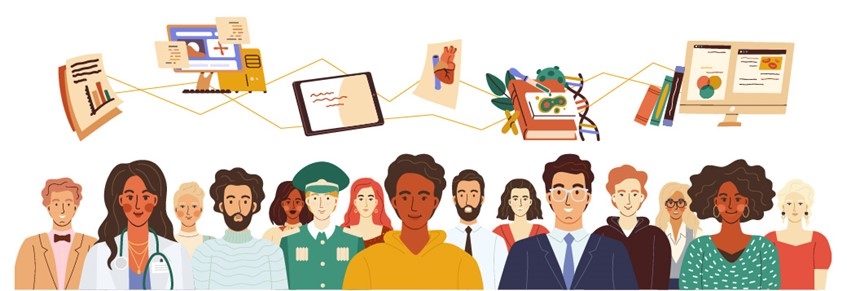 graphic of a diverse group of people with scientific research images above their heads