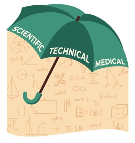 green umbrella with 3 words: Scientific, Technical, and Medical 