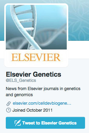 Elsevier Genetics Twitter profile, with a profile pic of lightly backward DNA.