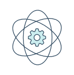 Logo of blue atom orbits intertwining around a central gray gear, set against a white background.