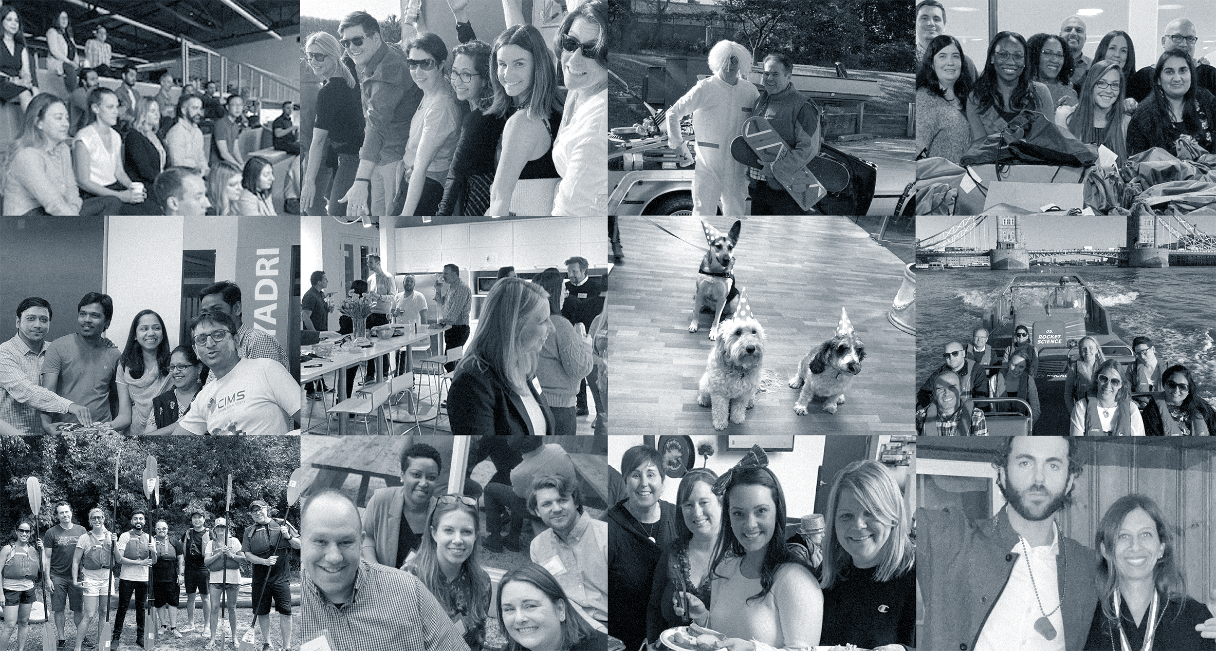 Images of the Red Nucleus team at various events, in office, kayaking, and meeting Doc Brown from Back to the Future.. Also cute office dogs wearing hats.