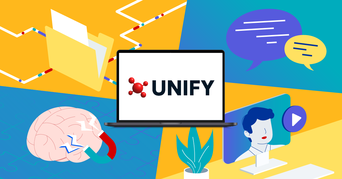 Image of brain, file, video chat screen, text bubbles showing UNIFY's capabilities 