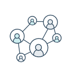 Illustration of a simple network diagram featuring interconnected nodes. Each node represents a person, depicted within a circle and connected by lines to other nodes, symbolizing a network or teamwork.