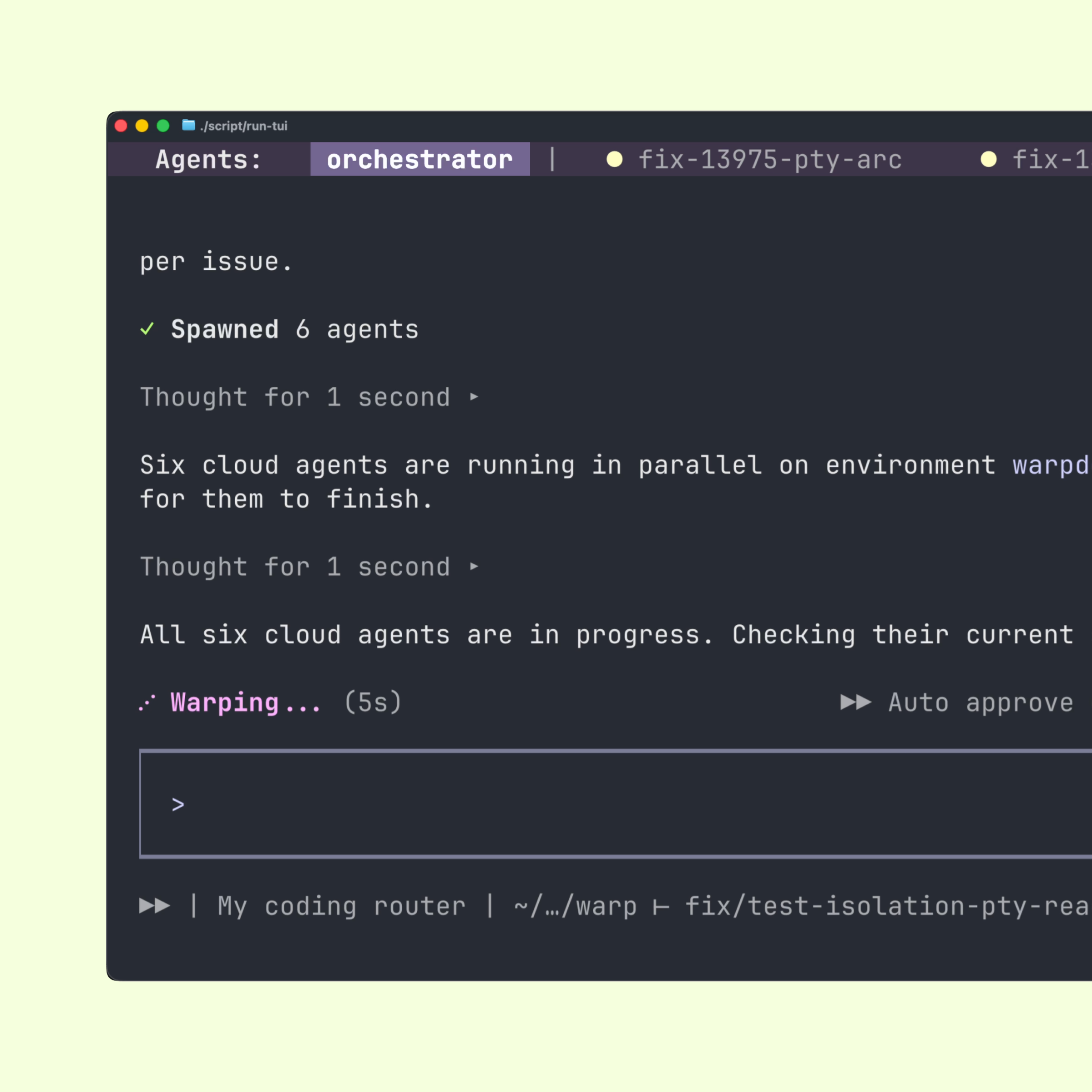 Terminal screenshot showing orchestrator agent spawning 6 cloud agents running in parallel