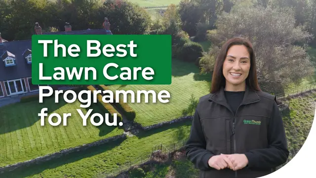 YouTube cover image showing an aerial view of a lush green lawn with text reading “The Best Lawn Care Programme for You”.
