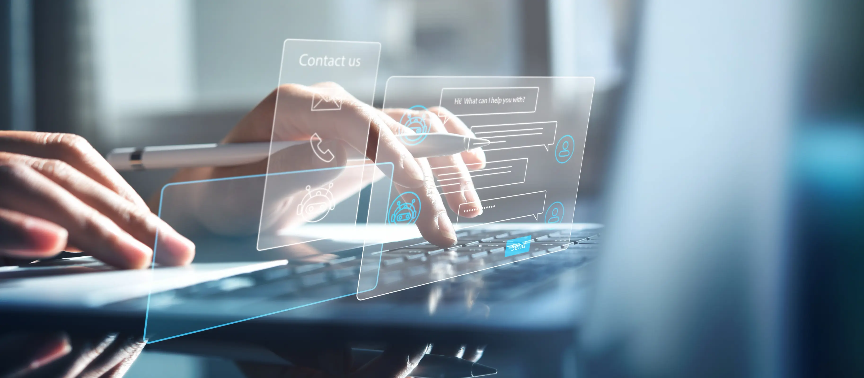 Hands typing on a keyboard with digital contact icons overlayed, used as the Contact Us page banner.