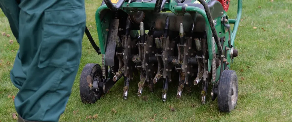 Three stages of lawn aeration showing improved soil, deeper roots, and healthier grass from compacted soil to 8–10 weeks after aeration.