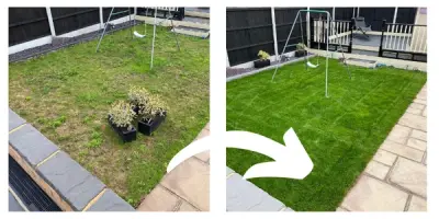 ore-and-after comparison of a patchy lawn transformed into a thick, green, healthy lawn.