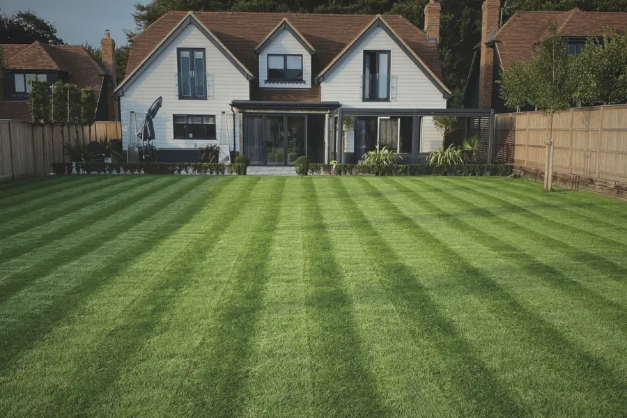 A beautifully striped, lush green lawn in front of a modern home with tidy landscaping and a neat patio space.