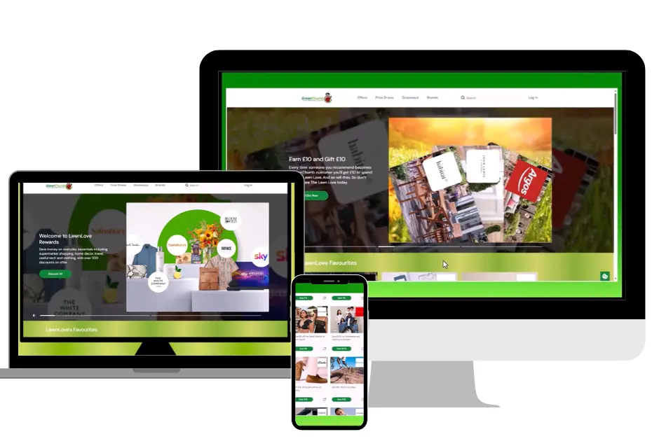 GreenThumb customer portal displayed on desktop, tablet, and mobile devices.