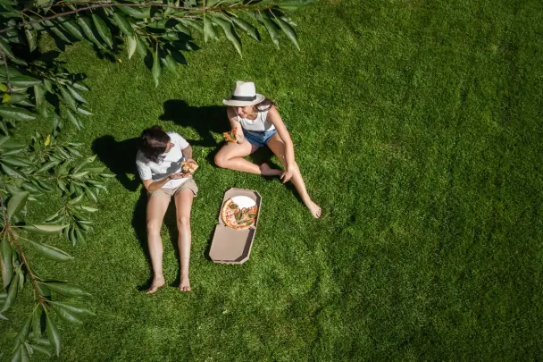 People relaxing and enjoying a sunny day on a green, well-maintained lawn.