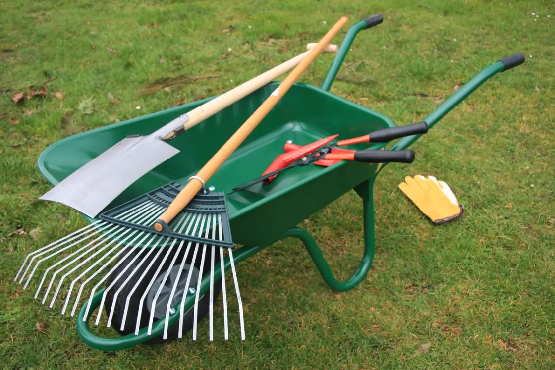 Garden tools in wheelbarrow on lawn, ready for use in lawn levelling and maintenance tasks.